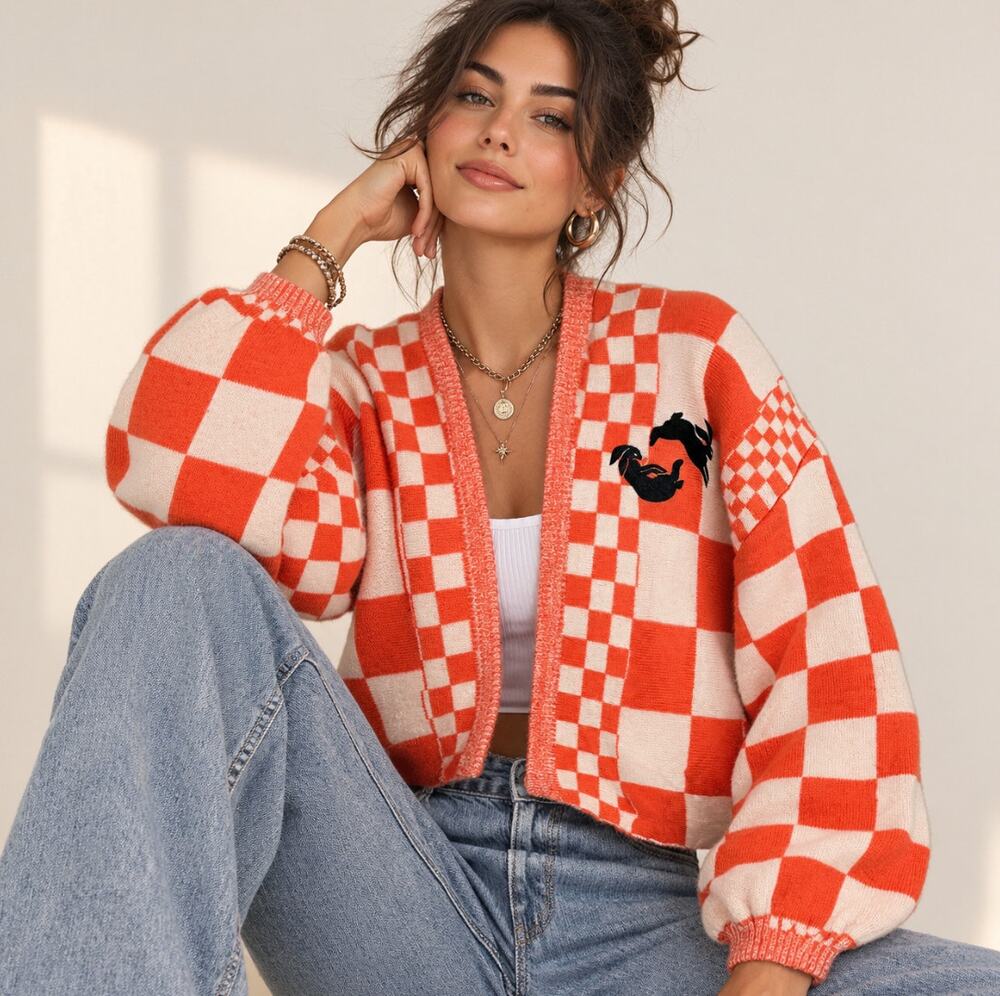 HARRY'S STYLES HIDDEN ANGELS Love On Tour Checkered Cardigan Orange Sz L {II29}